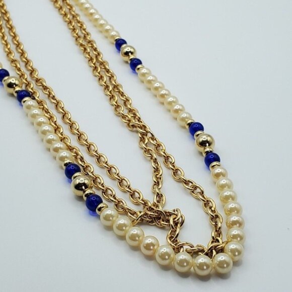 Cobalt Blue and Cream Beaded Necklace Multi Strand Womens Jewelry - Picture 1 of 7